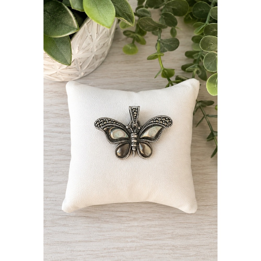 Vintage 925 Sterling Silver Butterfly Pendant Mother of Pearl Marcasite Romantic